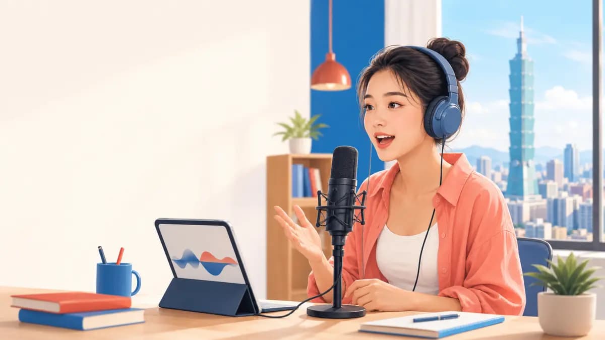Nữ học viên trẻ luyện phát âm tiếng Trung với micro trong không gian học hiện đại