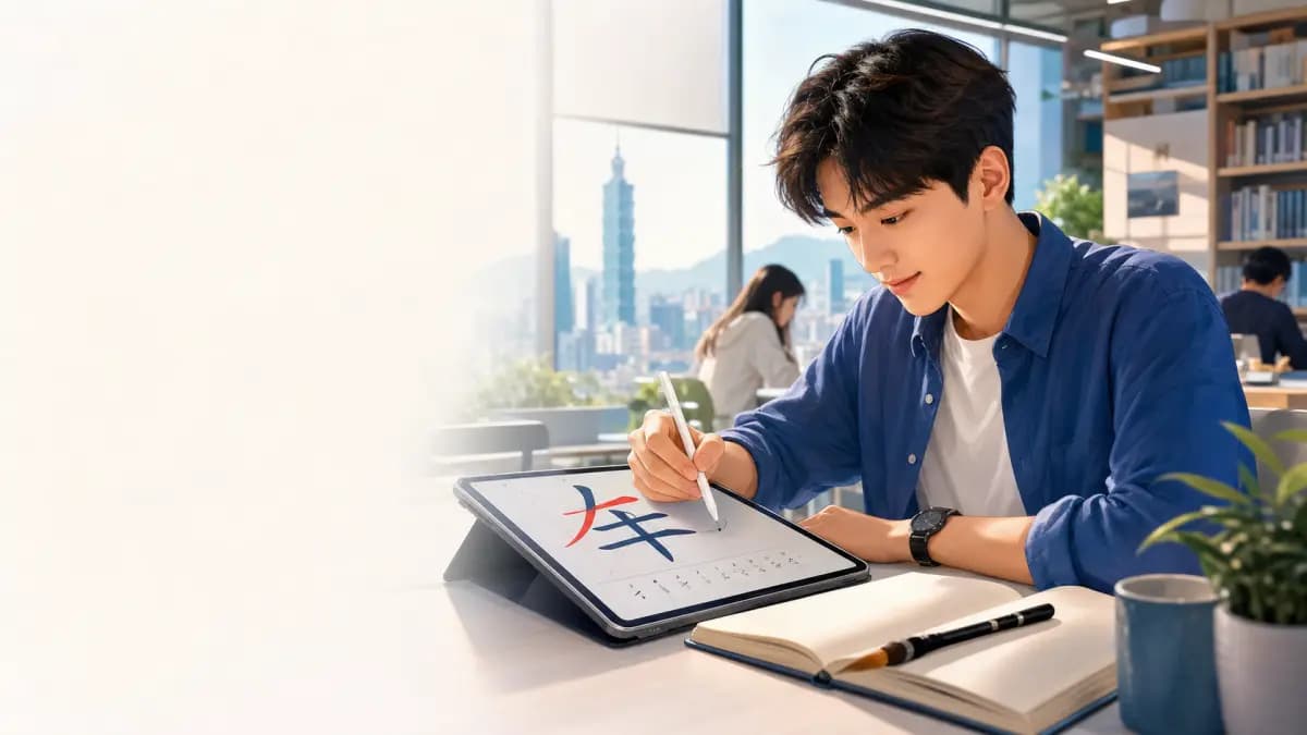 Học viên trẻ luyện bút thuận chữ Hán trên máy tính bảng