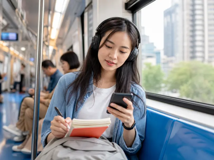 Học viên luyện nghe tiếng Trung trên tàu điện tại Đài Loan