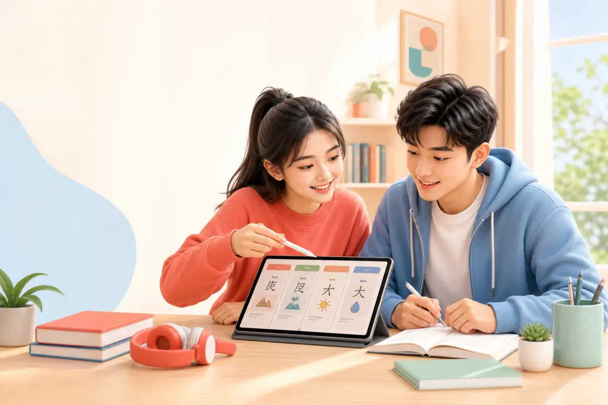 Hai học viên trẻ học tiếng Trung Giản thể cùng nhau